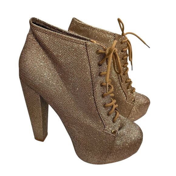 Unbranded Shoes - Glitter Platform Ankle Boots Size 7.5M Gold Lace Up Disco 2010s Festival Heeled
